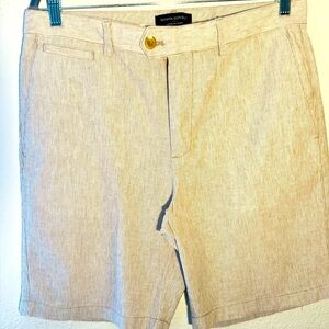 BANANA REPUBLIC Tan Pinstripe Linen Blend Flat Front Beige Preppy Shorts Size 33